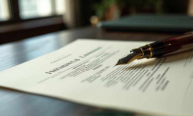 Close up of a legal document with a mahogany pen