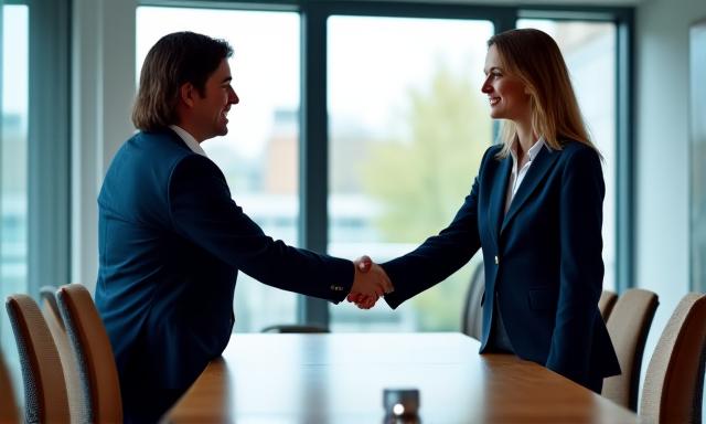 A professional handshake in a modern London office