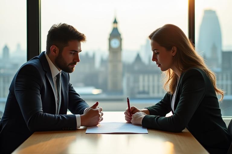 Two professionals discussing a document in a high-end London office setting